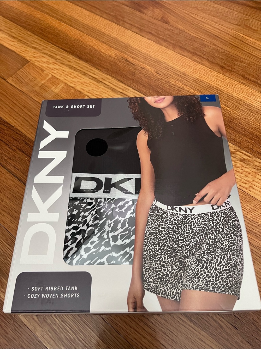 DKNY Black Ribbed Tank with Black & White Leopard Print Shorts